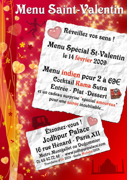 Menu de la Saint-Valentin 2009 au Jodhpur Palace